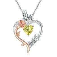 TOUPOP Sterling Silver Peridot Rose Heart Butterfly Pendant Necklace-undefined