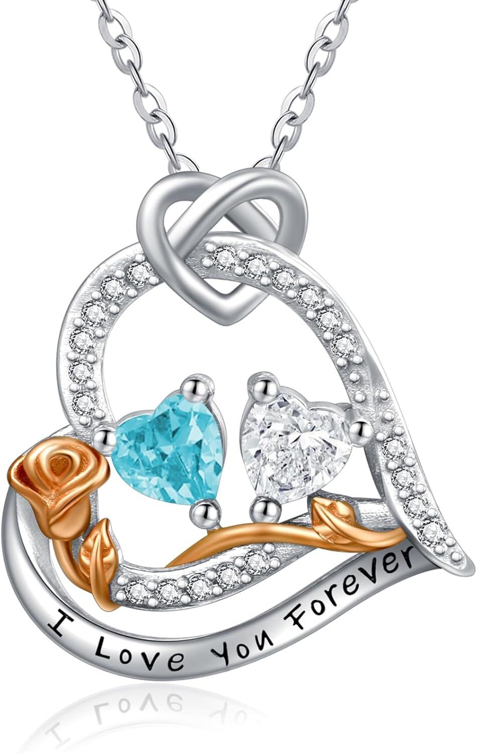  Sterling Silver 2 Birthstones Rose Heart Necklace for Women -03-04-Mar-Apr