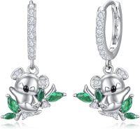 wholesale 925 Sterling Silver Koala Bamboo Leaf Huggie Hoop Earrings with Cubic Zirconia and Emeralds-11-Koala