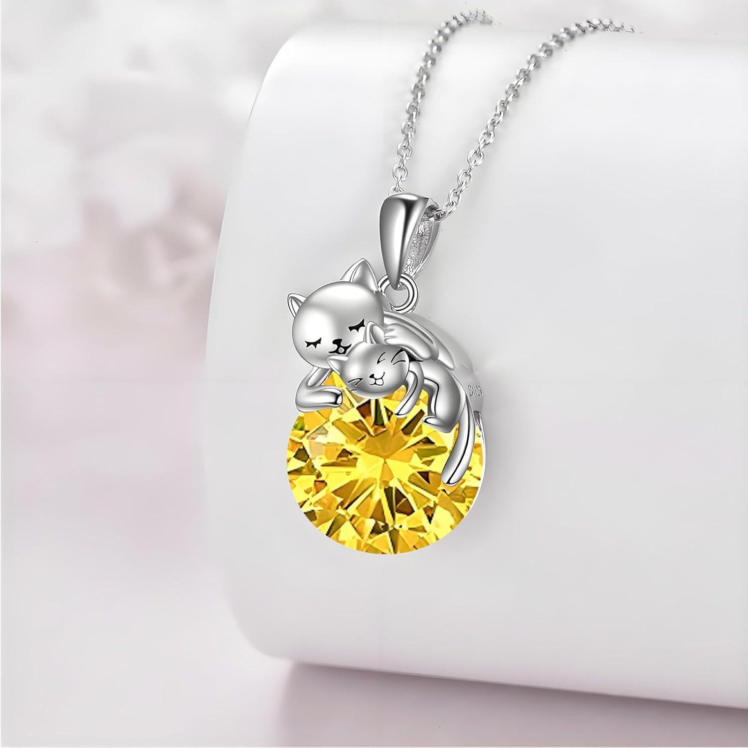 925 Sterling Silver Yellow Crystal Cats Pendant Necklace for Women-0-2