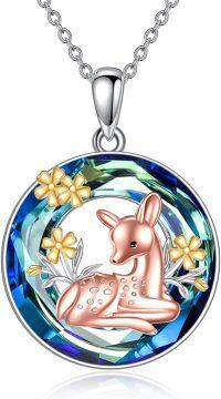 wholesale 925 Sterling Silver Deer with Flowers and Crystals Circle Pendant Necklace for Women Girls-Deer Necklace