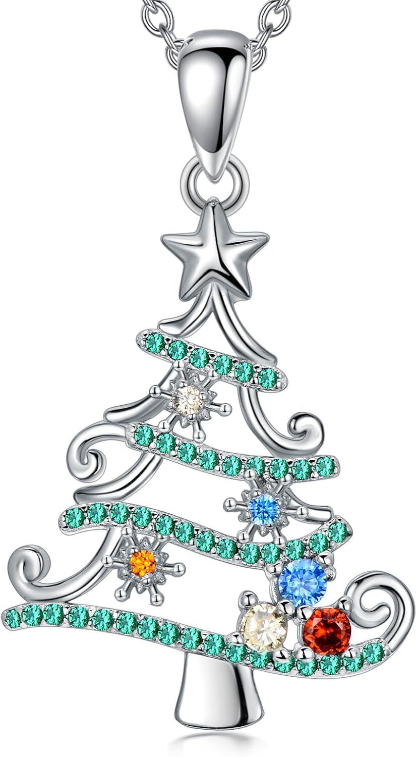 Sterling Silver Snowflake Christmas Tree Snowman Reindeer Penguin Pendant Necklace-Christmas Tree-1