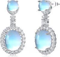 wholesale 925 Sterling Silver Blue Opalite Oval Halo Leverback Dangle Drop Earrings for Women-4-Moonstone Dangle Earrings