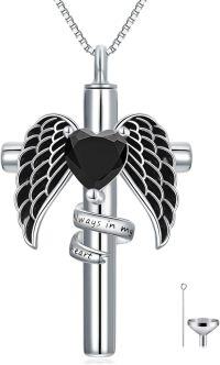 wholesale Sterling Silver Birthstone Angel Wing Cross Rose Heart Cremation Urn Necklace for Women with Funnel Kit ( chars)-Cross Non-personalized 13-Black Onyx-Cross Personalized 13-Black Onyx