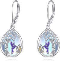 wholesale 925 Sterling Silver Hummingbird & Flower Teardrop Dangle Earrings with Opalite Stone and Gold Accents-Hummingbird