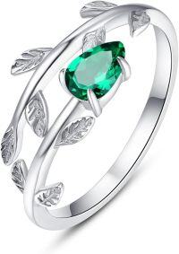 wholesale 925 Sterling Silver Stone Adjustable Leaf Birthstone Open Ring for Women-Emerald