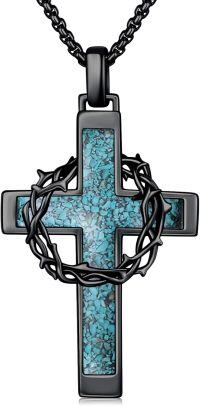 wholesale Sterling Silver Cross Necklace with Crown of Thorns Pendant Catholic Jewelry for Men Women-Black Cross Turquoise