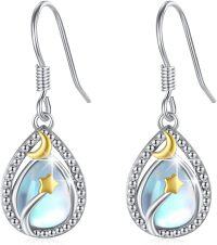 wholesale 925 Sterling Silver Teardrop Moonstone Star & Crescent Dangle Earrings-Star and Moon Earrings