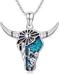 wholesale 925 Sterling Silver Turquoise Western Cow Skull with Cactus Pendant Necklace for Women-Cow