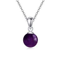 wholesale 925 Sterling Silver Purple Amethyst Round Bead Pendant Necklace-Amethyst