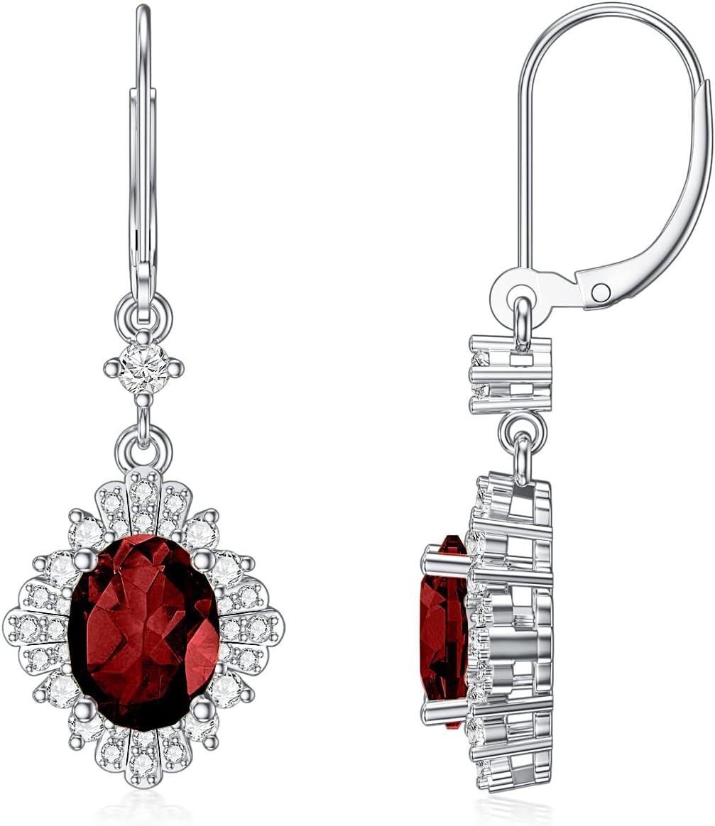 14K White Gold Plated Sterling Silver Genuine Gemstone Oval Cut 9x7mm Leverback Dangle Earrings-Red