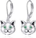 wholesale 925 Sterling Silver Cat Face Green Crystal Eyes Leverback Drop Earrings-0-0