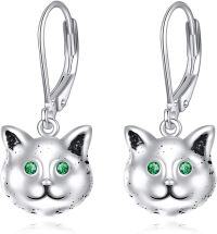 wholesale 925 Sterling Silver Cat Face Green Crystal Eyes Leverback Drop Earrings-Cat