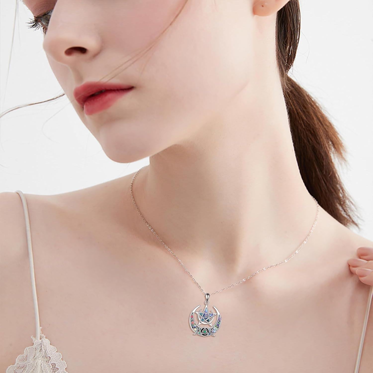 925 Sterling Silver Rainbow Moonstone Celtic Knot Pentagram Pendant Necklace for Women Girls-0-1