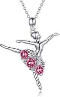 wholesale Sterling Silver Austrian Birthstone Crystal Ballerina Necklace Ballet Dancer Pendant Gift-Pink