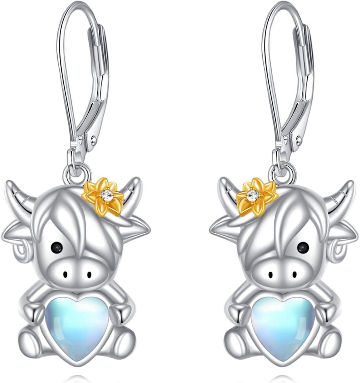 Sterling Silver Moonstone Bee Cow Dragonfly Earrings Animal Jewelry Gift-Highland Cow