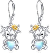 wholesale 925 Sterling Silver Moonstone Heart Cow Dangle Earrings for Women Girls Gifts-Highland Cow