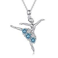 wholesale 925 Sterling Silver Ballet Dancer Necklace Wholesale With Green And White Crystals-Simulated Aquamarine