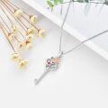 wholesale 925 Sterling Silver Red Garnet and Pink Sapphire Heart-Shaped Key Pendant Necklace for Women-0-4