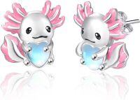 wholesale 925 Sterling Silver Pink Opal Heart Axolotl Stud Earrings for Girls and Women Gift Ideas-Pink