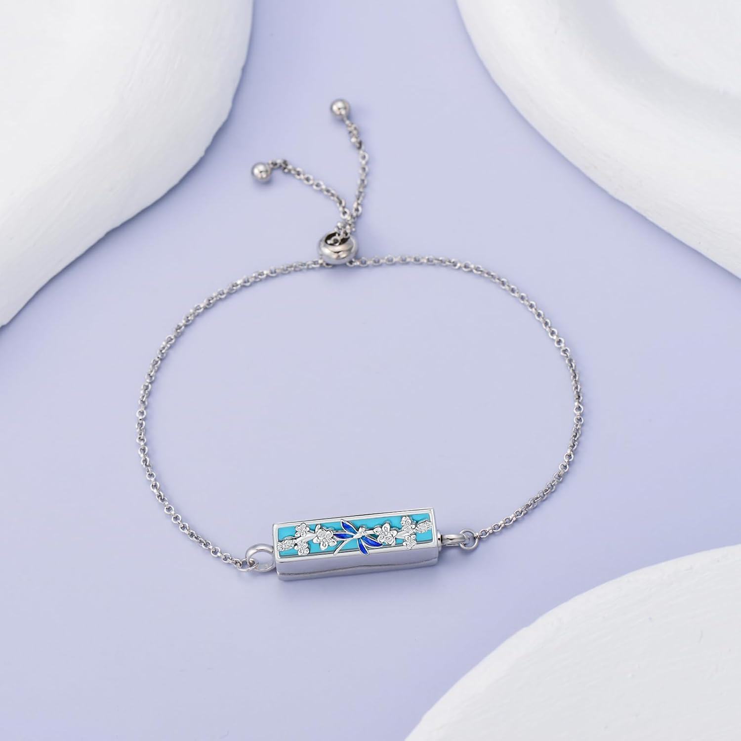 wholesale 925 Sterling Silver Dragonfly & Flower Enamel Urn Bracelet for Pet Ashes Memory Keepsake Jewelry with Funnel and Spoon Set-0-4
