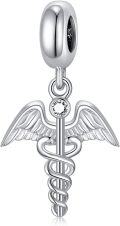 wholesale S925 Sterling Silver & Austria Clear White Crystal Caduceus Charm Bracelet for Medical Professionals, Nurses, Doctors - Hypoallergenic, Lead & Nickel Free Jewelry Gift (12mm)-0-0