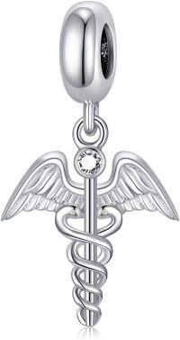 wholesale S925 Sterling Silver & Austria Clear White Crystal Caduceus Charm Bracelet for Medical Professionals, Nurses, Doctors - Hypoallergenic, Lead & Nickel Free Jewelry Gift (12mm)-B-Caduceus Charm