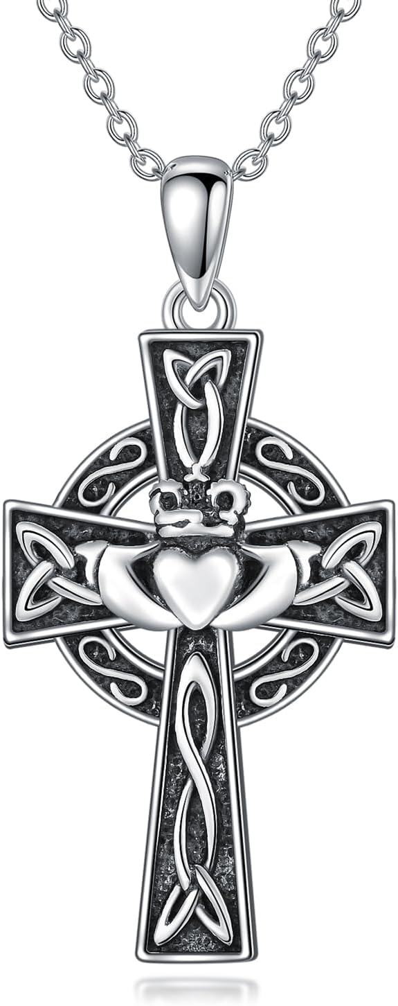Sterling Silver Celtic Cross Pendant Irish Claddagh Necklace-0-0