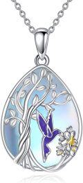 wholesale S925 Sterling Silver Moonstone Tree of Life Hummingbird Pendant Necklace Jewelry for Women Girls-0-0