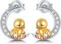 wholesale 925 Sterling Silver Gold Duck Stud Earrings with Crystal Accents - Cute Bird  for Girls and Women-0-0