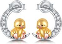 wholesale 925 Sterling Silver Gold Duck Stud Earrings with Crystal Accents - Cute Bird  for Girls and Women-Duck