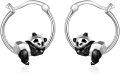 wholesale 925 Sterling Silver 3D Panda Huggie Hoop Earrings with Black Enamel Details for Women-0-0