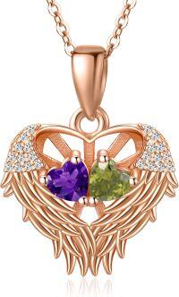 wholesale Sterling Silver 2 Birthstones Angel Wings Necklace for Women-02-08-Feb-Aug