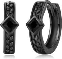 wholesale 925 Sterling Silver Black Hoop Earrings for Women & Men, 15mm Black Stone Elegant Vintage Design-E01-15MM (Cubic Zircon)