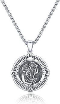 wholesale 925 Sterling Silver St. Christopher Travelers Protection Medal Pendant Necklace with 3MM Cable Chain-A00-Saint Christopher(Compass)