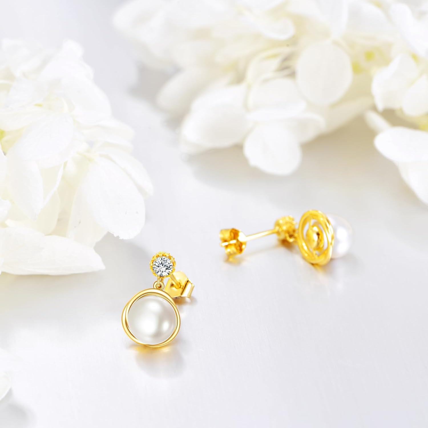 wholesale 14K Gold Freshwater Pearl Round Dangle Drop Earrings for Women Wedding Gift Jewelry Accessories-0-4