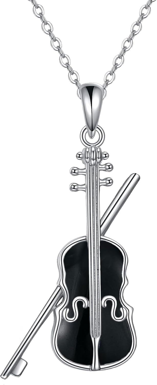 Sterling Silver Violin Bow Pendant Necklace for Women-black onyx