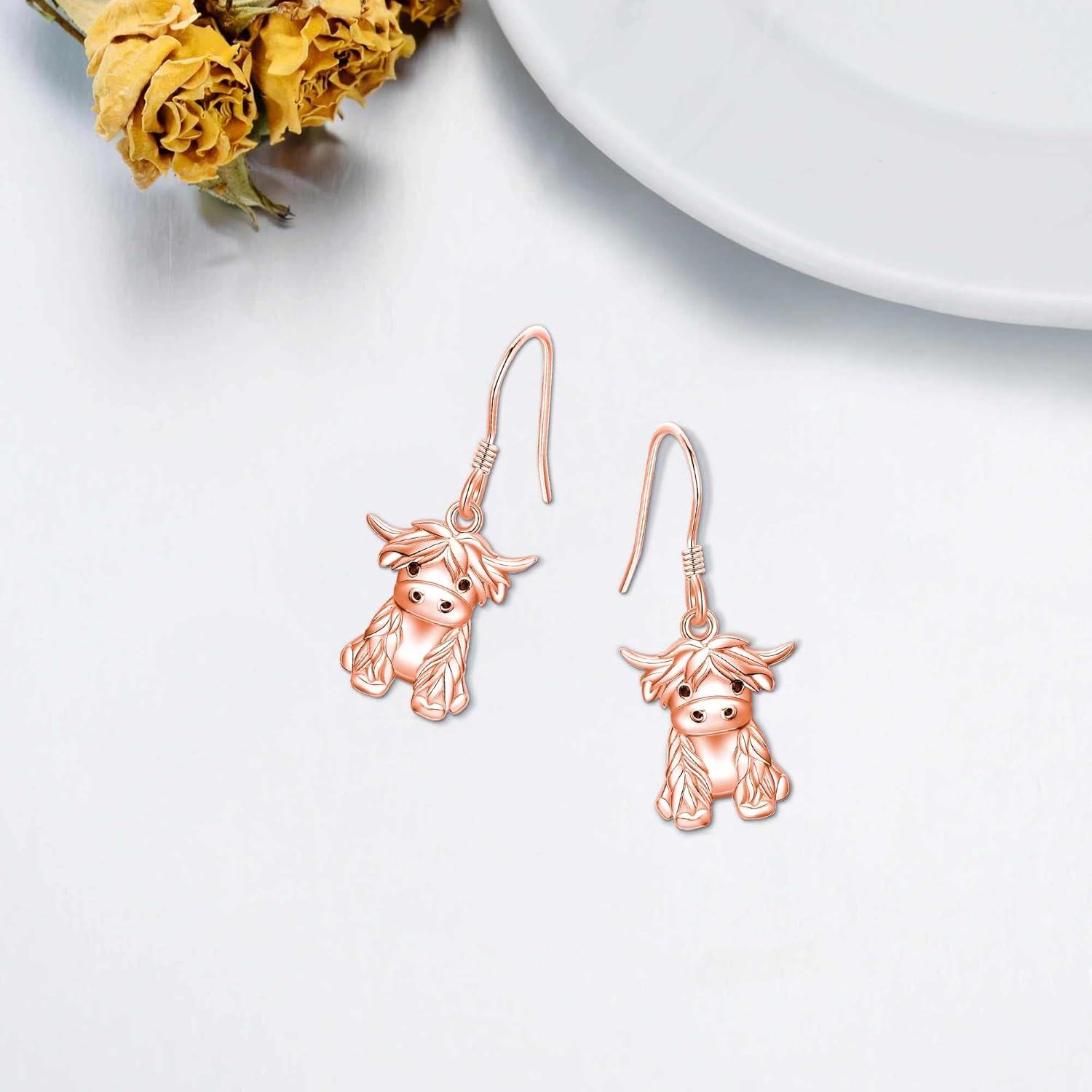 925 Sterling Silver Highland Cow Dangle Earrings with Rose Gold Plated and Natural Gemstone Accents-0-2