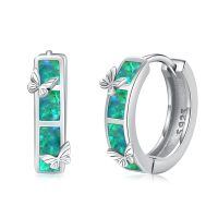 wholesale 925 Sterling Silver Blue Opal Butterfly Hoop Earrings Wholesale With Enamel Design-B-Silver-Green