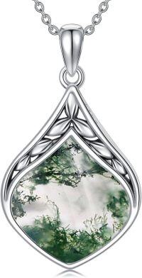 wholesale Sterling Silver Natural Gemstone Teardrop Pendant Necklace-Moss Agate