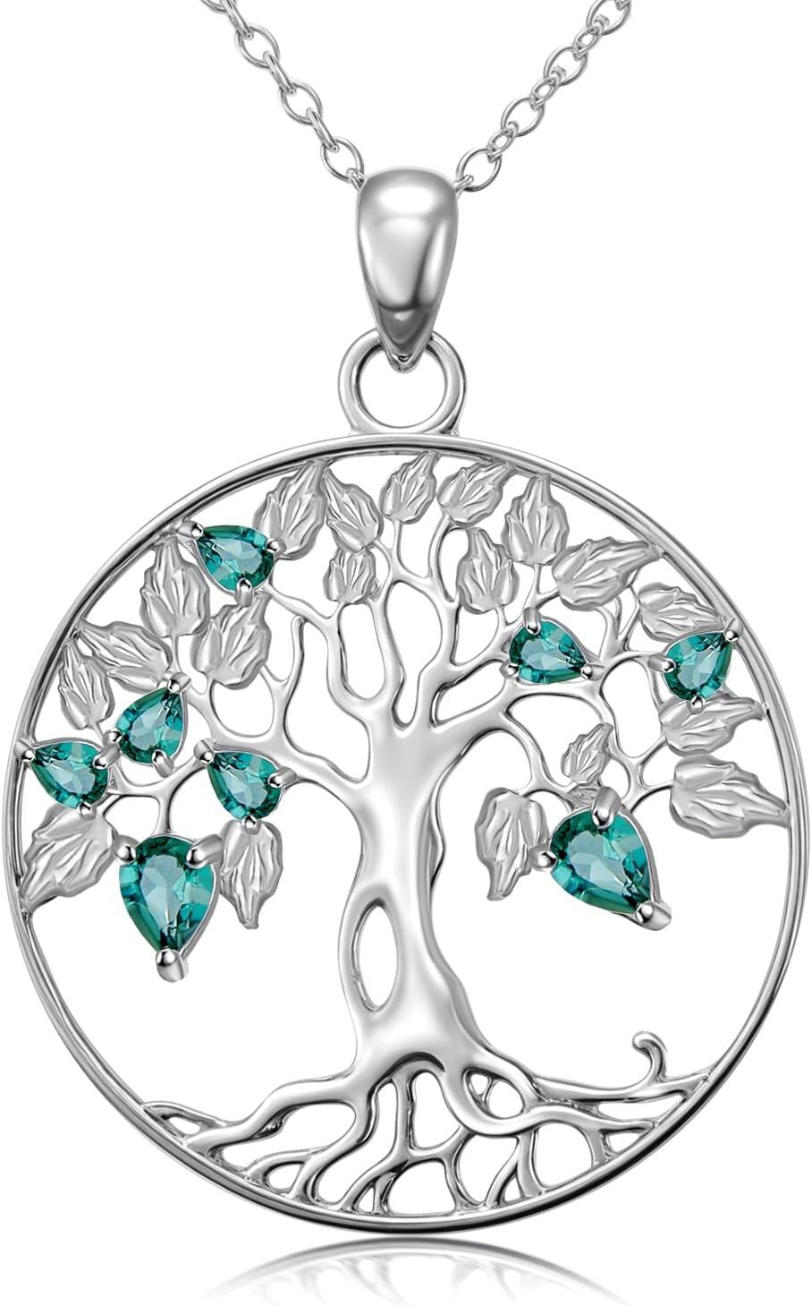 Sterling Silver Birthstone Tree of Life Sun Pendant Necklace for Women-0-0