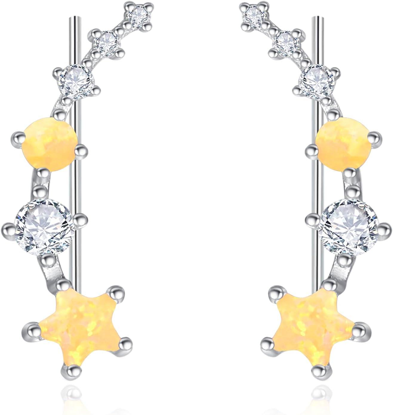 925 Sterling Silver Yellow Opal & CZ Star Ear Climber Earrings for Women - Bridal  Ideas-0-0