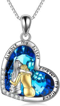 wholesale 925 Sterling Silver Blue Crystal Heart Pendant Necklace for Women - Always My Sister Forever My Friend-2 Sisters-Blue Heart Crystal
