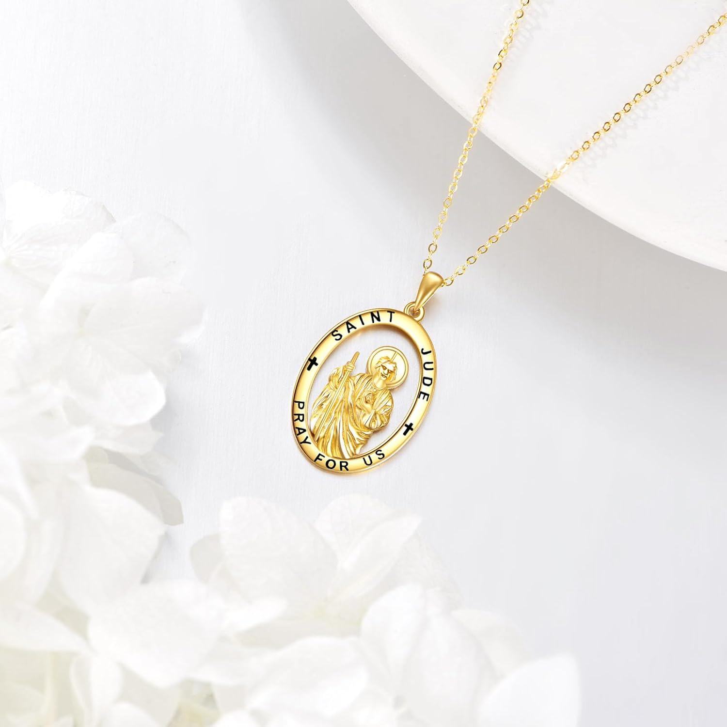  14K Gold St Michael Jesus Virgin Mary Pendant Religious Jewelry Gift -0-6