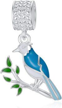 wholesale 925 Sterling Silver Blue Bird Pendant Necklace with Green Leaves and Branches Charm Jewelry for Women Girls Gift 48cm Chain Length-Blue Jay
