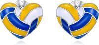 wholesale 925 Sterling Silver Heart-Shaped Volleyball Stud Earrings - Blue & Yellow-03-Volleyball