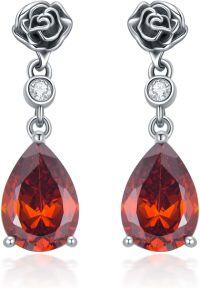 wholesale 925 Sterling Silver Vintage Rose Dangle Earrings with Birthstone Gifts for Women-01-Garnet-Red
