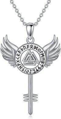 wholesale 925 Sterling Silver Viking Valknut Key Pendant Necklace with Wings and Runes for Men-Viking Valknut Necklace