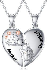 wholesale 925 Sterling Silver Hedgehog Mother & Daughter Heart Pendant Necklaces-Matching necklace-Hedgehogs