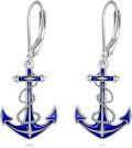 wholesale 925 Sterling Silver Blue Enamel Anchor Dangle Earrings for Women Ocean Theme  4cm Long-0-0